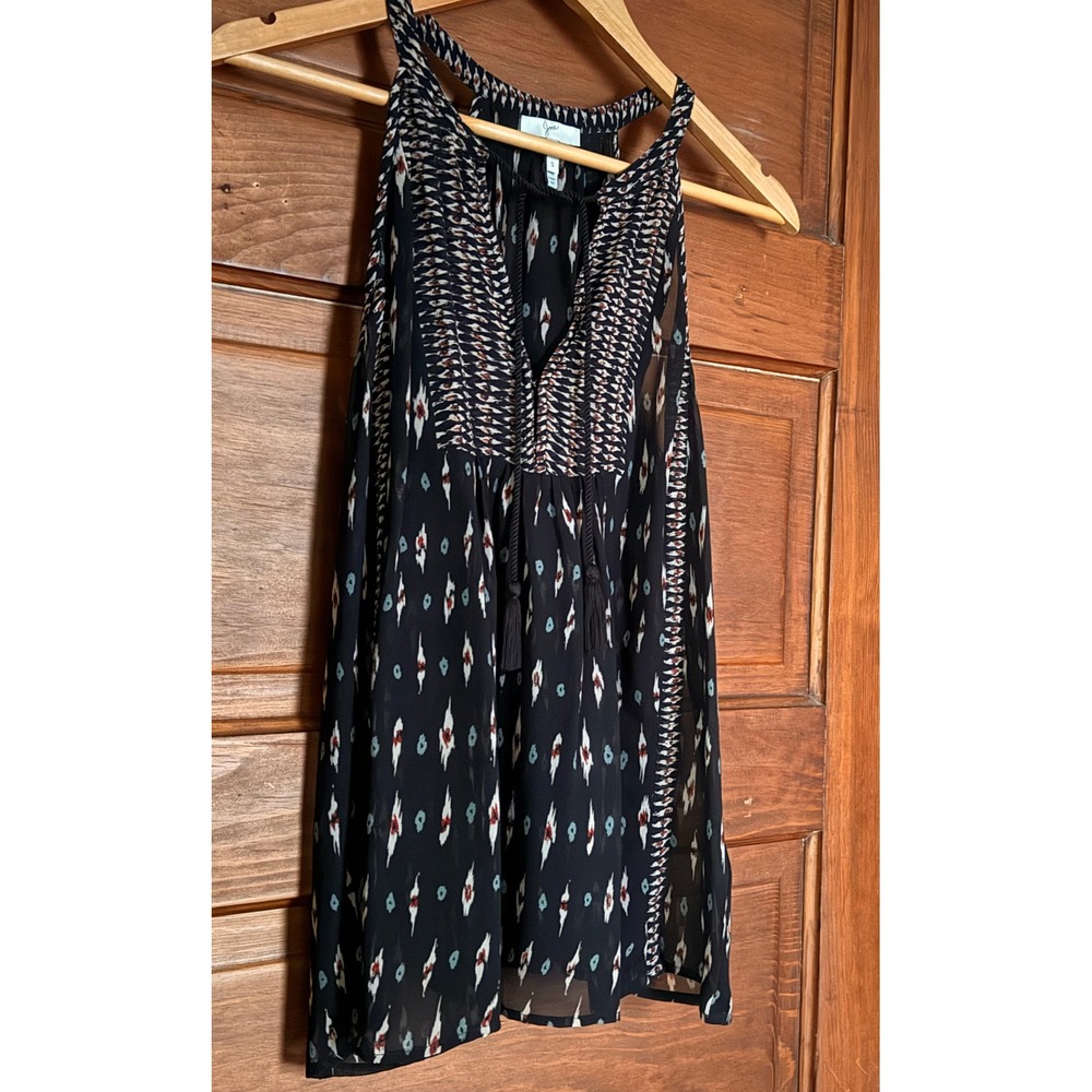Joie Shara D Ikat Print Silk Halter Top Black Multi Geometric V-Neck Tassel S